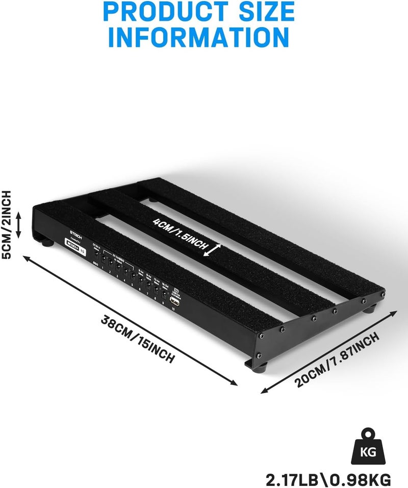 STRICH Guitar Pedal Board with Built-in Power Supply, Pedal Board 15 x 7.8" Lightweight Aluminum Alloy, PedalBoard with Pedal Cables, Bag, Hook Loop Strips PB-MP15 - Image 5